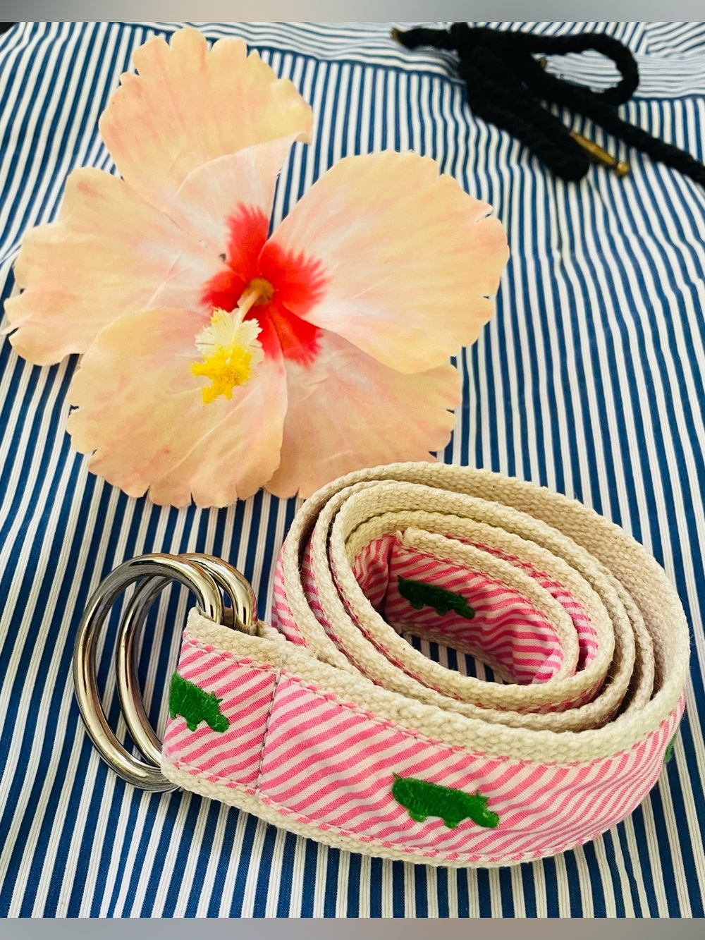 J. Crew Pink Striped Belt with Green Embroidered Hippo and Silver Rings - Picture 2 of 14